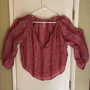 Free People Red Striped Grommet V-Neck Peasant Blouse